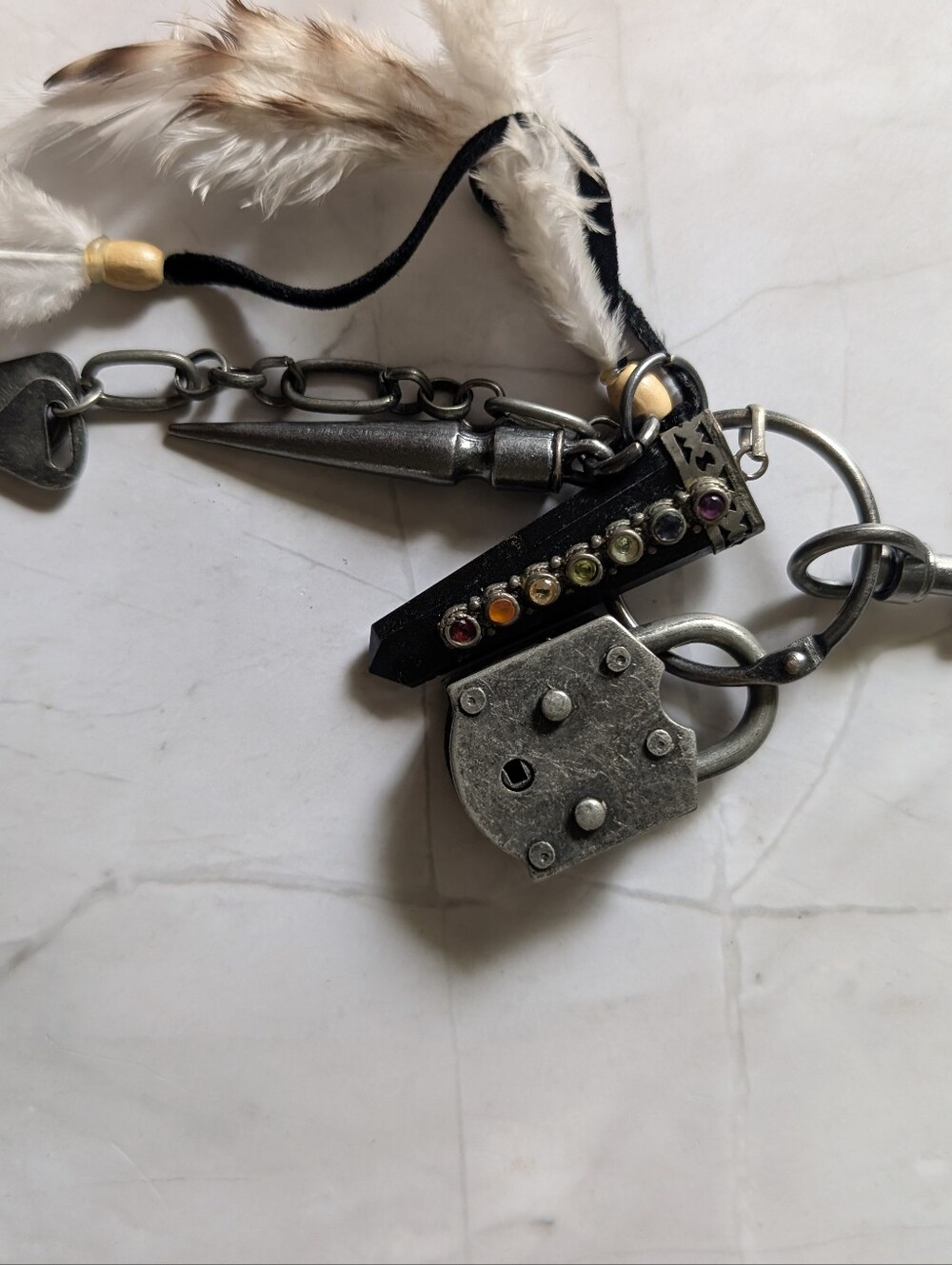 Vintage Industrial Bag Charm Gunmetal Keychain with Feathers & Lock - Picture 3 of 8
